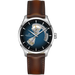Hamilton watch with brown leather strap and blue face on white background