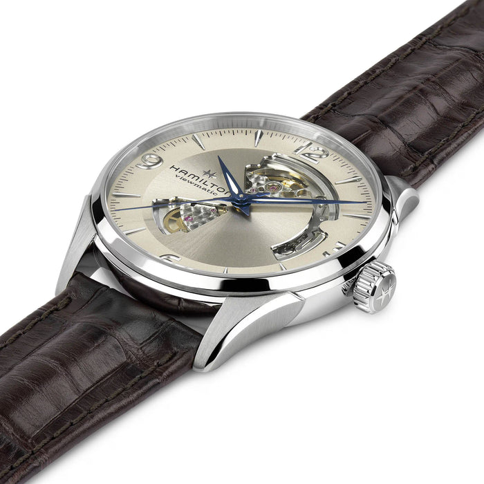 Hamilton watch with brown leather strap on a white background