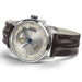Luxury watch with brown leather strap and silver case on a white background