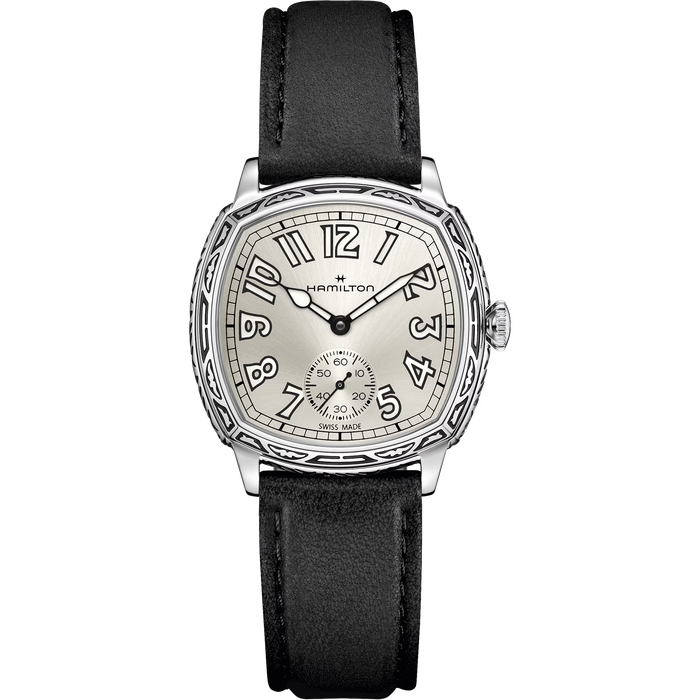 A Hamilton watch with a silver-toned cushion-shaped case, a cream-colored dial with black Arabic numerals, and a black leather strap, shown against a plain white background.