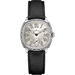 A Hamilton watch with a silver-toned cushion-shaped case, a cream-colored dial with black Arabic numerals, and a black leather strap, shown against a plain white background.