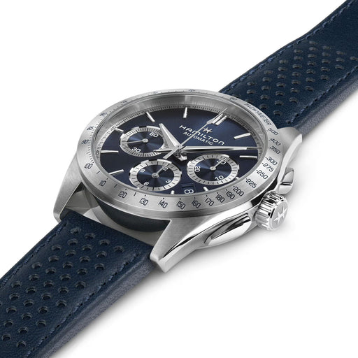 Hamilton watch with blue strap and navy dial on a white background