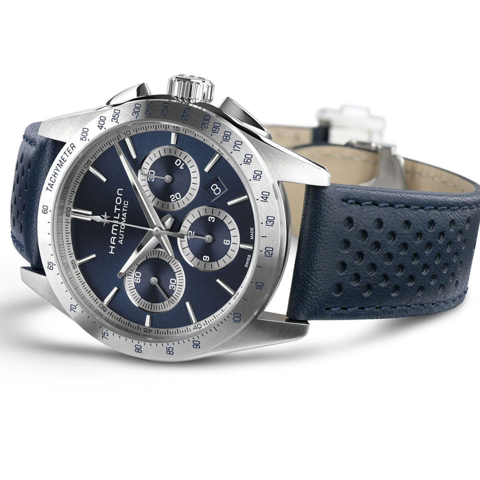Hamilton watch with blue strap and face on a white background