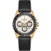 Hamilton Automatic watch with a gold-tone case, black bezel, cream-colored dial, and a black perforated leather strap, shown against a plain white background.