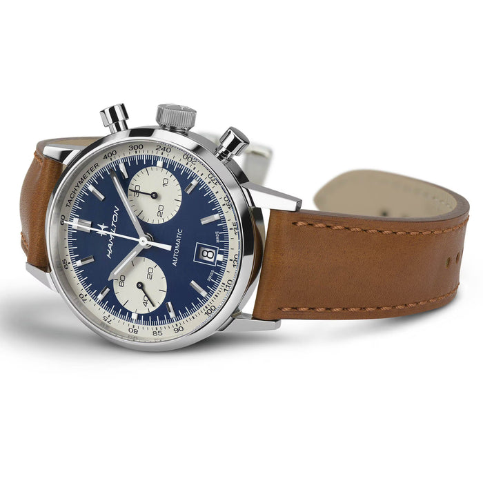 Hamilton watch with brown leather strap on a white background