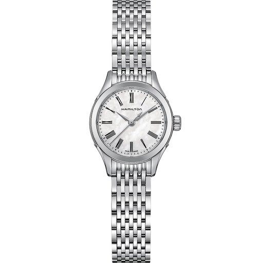 A Hamilton women's stainless steel watch with a silver link bracelet, silver case, and a white dial with black Roman numerals.