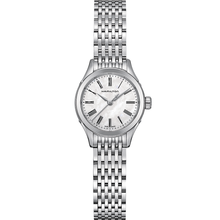 A Hamilton women's stainless steel watch with a silver link bracelet, silver case, and a white dial with black Roman numerals.