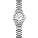 A Hamilton women's stainless steel watch with a silver link bracelet, silver case, and a white dial with black Roman numerals.