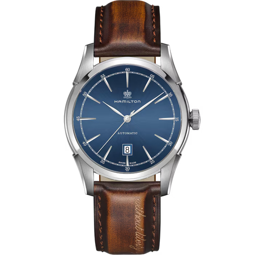 Hamilton watch with blue dial and brown leather strap on a white background