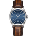 Hamilton watch with blue dial and brown leather strap on a white background