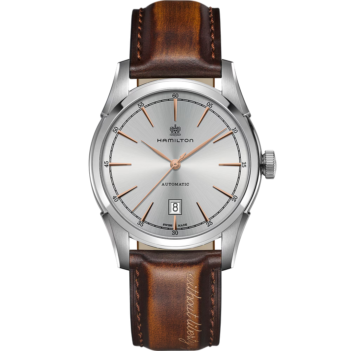 Hamilton watch with brown leather strap on white background