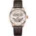 Hamilton watch with brown leather strap and rose gold case on white background