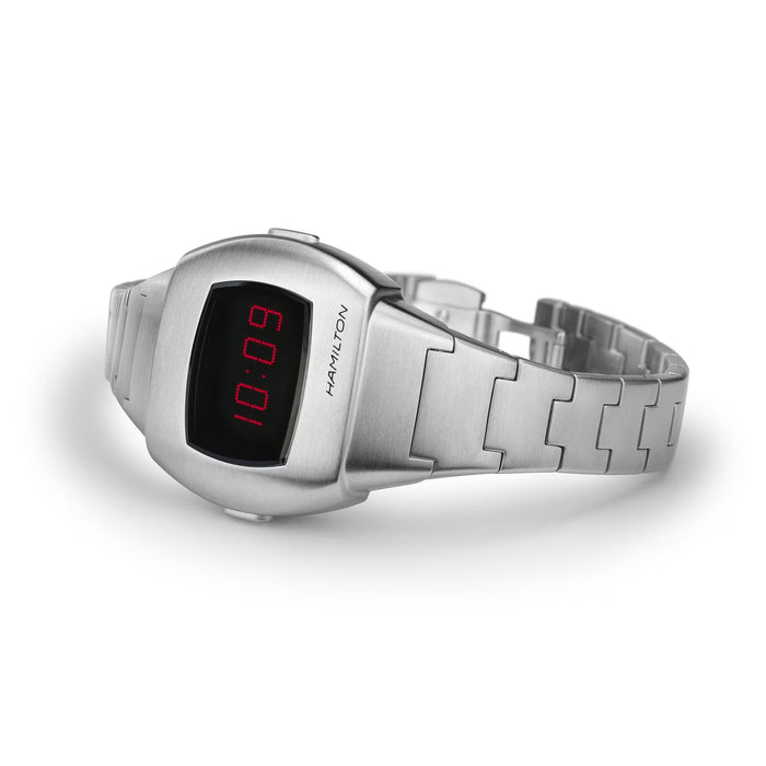 Silver digital watch with red display on a white background