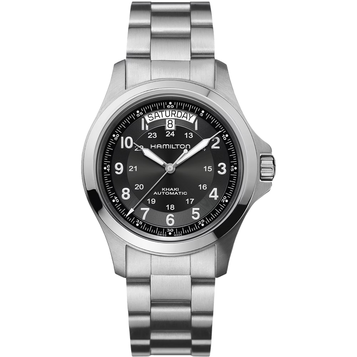Hamilton watch with black dial and silver metal bracelet on a white background