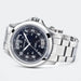 Silver wristwatch with a black dial on a white background