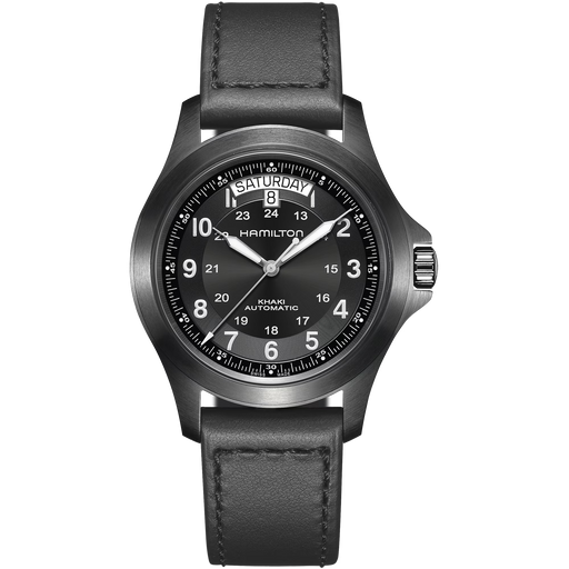 Black Hamilton watch with leather strap on a white background