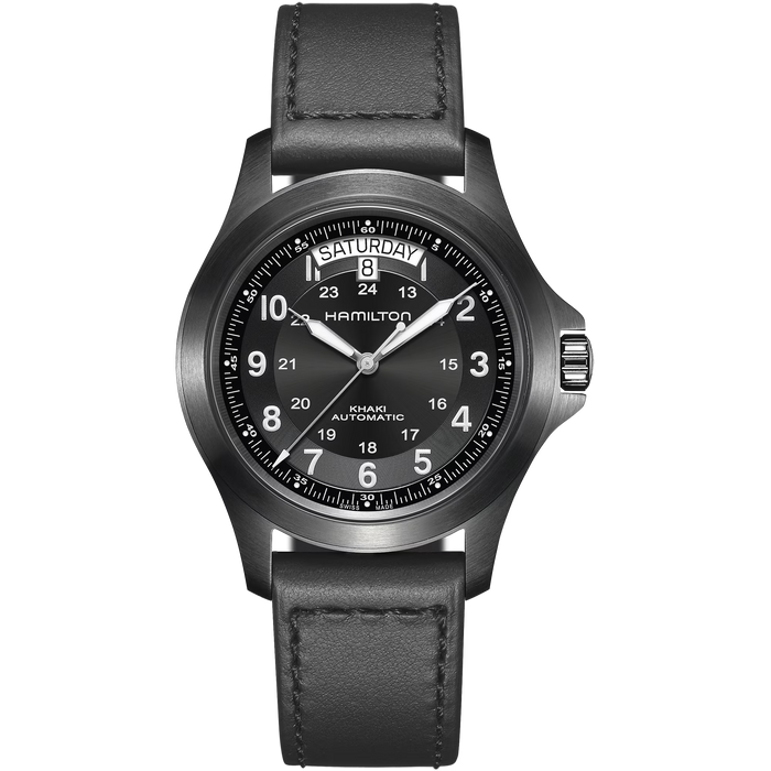Black Hamilton watch with leather strap on a white background