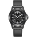 Black Hamilton watch with leather strap on a white background