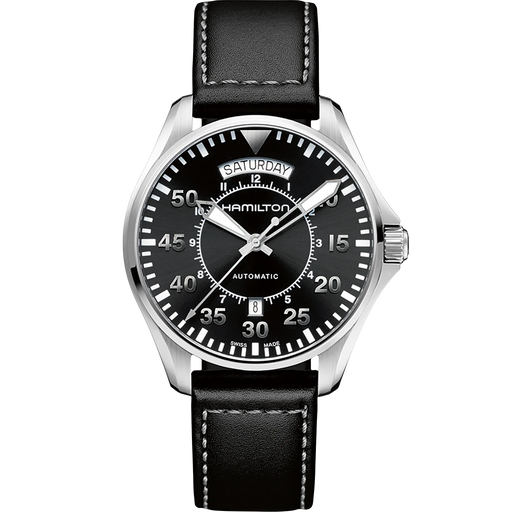 A Hamilton Automatic watch with a black leather strap, silver stainless steel case, and a black dial featuring a day-and-date window and white hands.