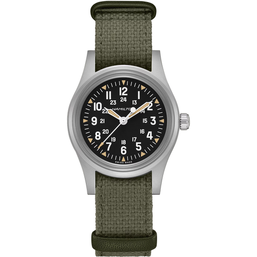 Watch with green strap and black dial on a white background