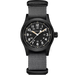 A black military-style analog watch with a black dial, white numerals, and a black woven fabric strap, shown against a plain white background.