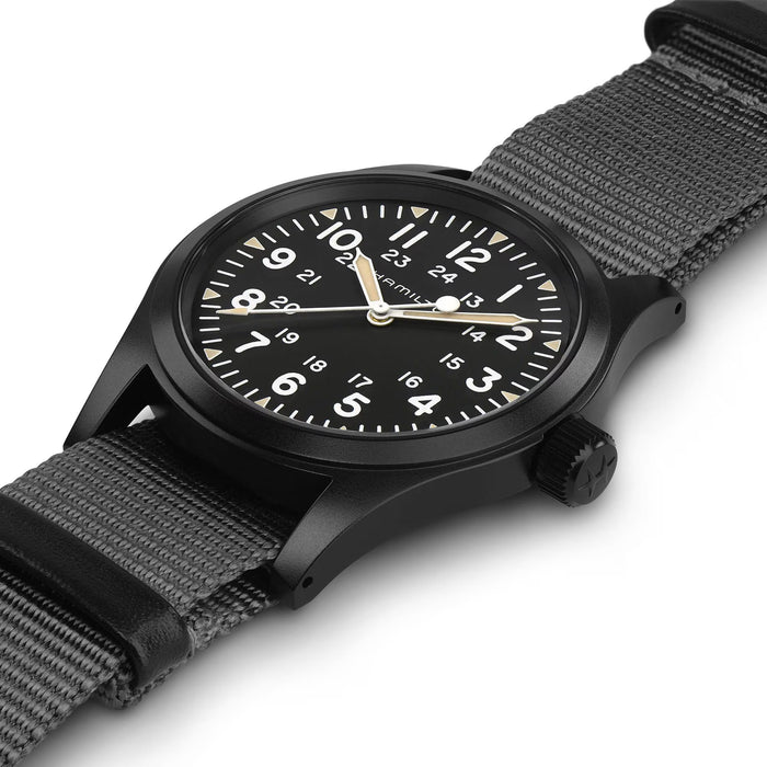 Black wristwatch with gray strap on a white background