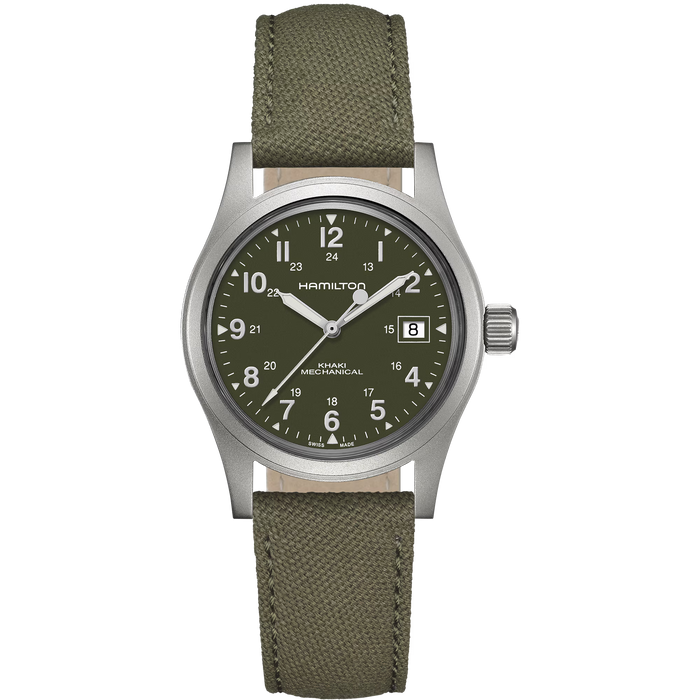Hamilton watch with green strap and dark green dial on a white background