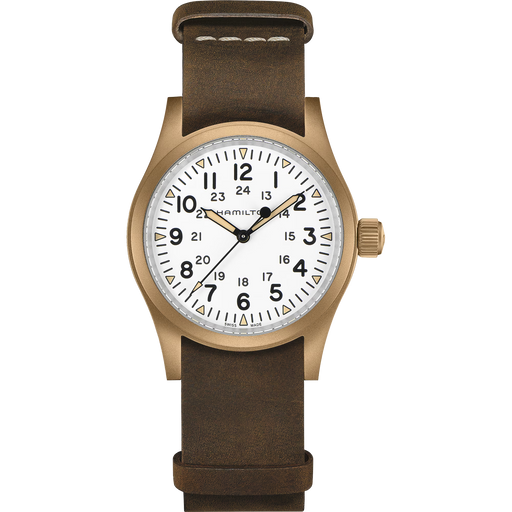 A wristwatch with a round bronze-toned case, a white dial with black numerals and hands, and a dark brown leather strap, shown on a plain white background.