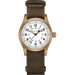 A wristwatch with a round bronze-toned case, a white dial with black numerals and hands, and a dark brown leather strap, shown on a plain white background.