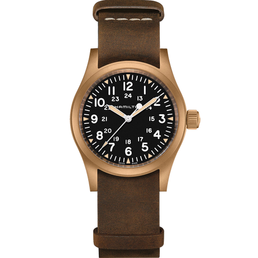 Watch with brown leather strap and black dial on a white background