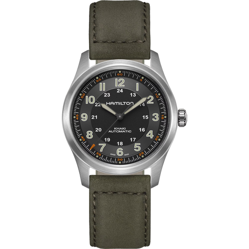 A Hamilton Wiji Automatic watch with a matte silver-tone case, a dark gray dial with luminous numerals, and an olive green leather strap, shown against a plain white background.