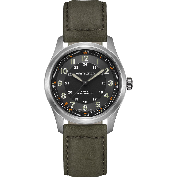 A Hamilton Wiji Automatic watch with a matte silver-tone case, a dark gray dial with luminous numerals, and an olive green leather strap, shown against a plain white background.