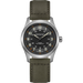 A Hamilton Wiji Automatic watch with a matte silver-tone case, a dark gray dial with luminous numerals, and an olive green leather strap, shown against a plain white background.
