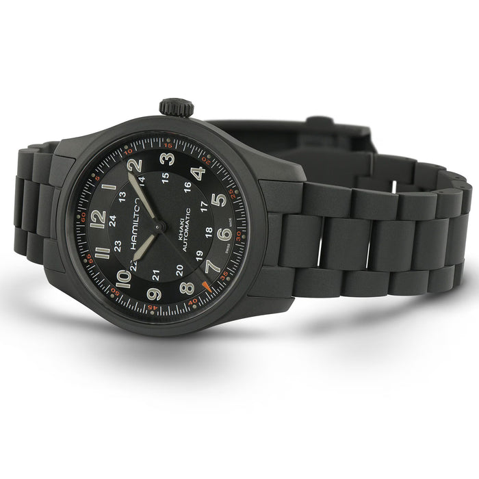 Black wristwatch with detailed face on a white background