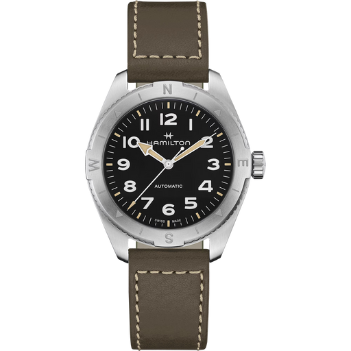 A Hamilton automatic wristwatch with a brown leather strap, silver-toned stainless steel case, and a black dial with white numerals and gold-tone hands.