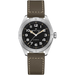 A Hamilton automatic wristwatch with a brown leather strap, silver-toned stainless steel case, and a black dial with white numerals and gold-tone hands.