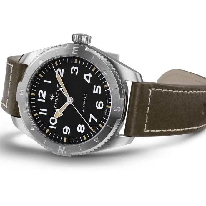 Hamilton watch with brown leather strap on a white background