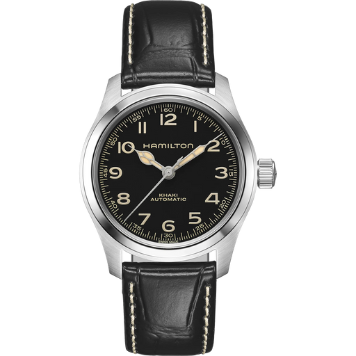 Hamilton watch with black leather strap and black dial on a white background