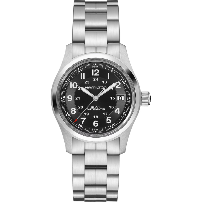 Hamilton watch with silver bracelet and black dial on a white background