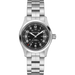 Hamilton watch with silver bracelet and black dial on a white background
