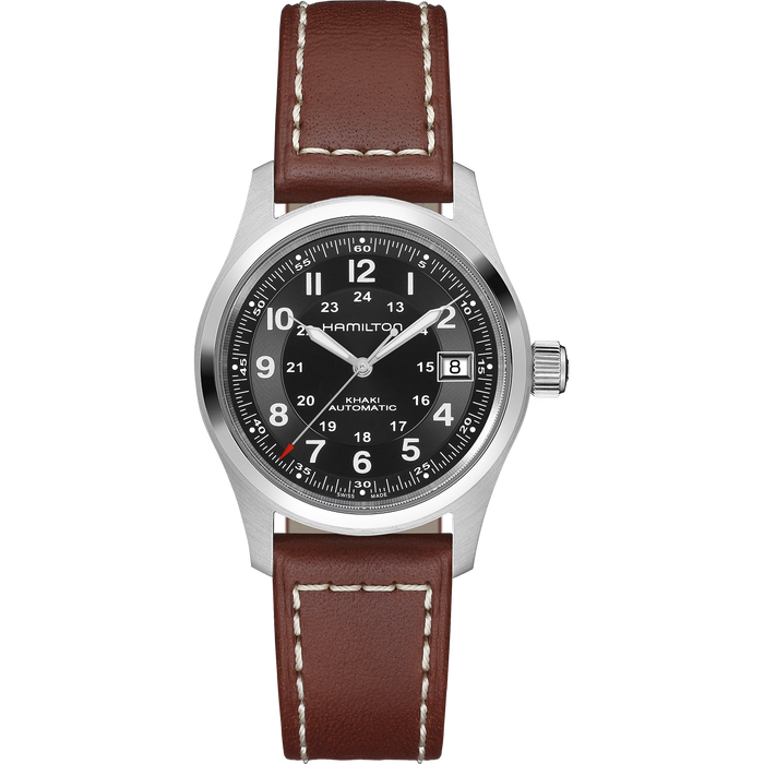 Hamilton watch with brown leather strap on a white background