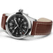 Watch with brown leather strap and black dial on a white background