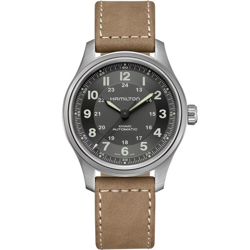 Hamilton watch with brown leather strap on a white background