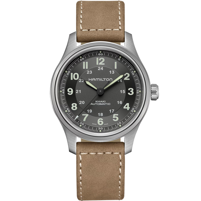 Hamilton watch with brown leather strap on a white background