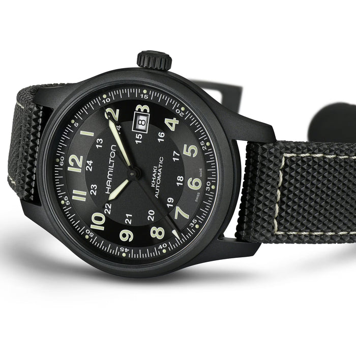 Black Hamilton watch with detailed face on a white background