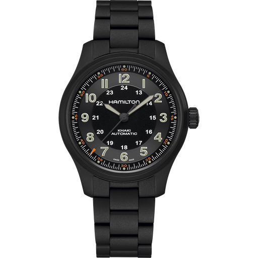 Black Hamilton watch with metallic band on a white background