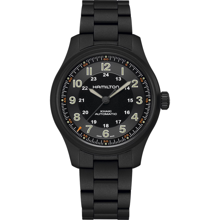 Black Hamilton watch with metallic band on a white background