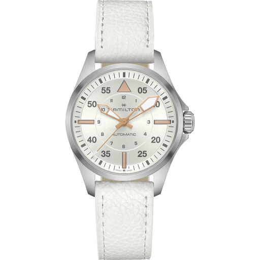 Hamilton Automatic watch with a white textured leather strap, silver-tone stainless steel case, and a white dial featuring black Arabic numerals and rose gold hands.