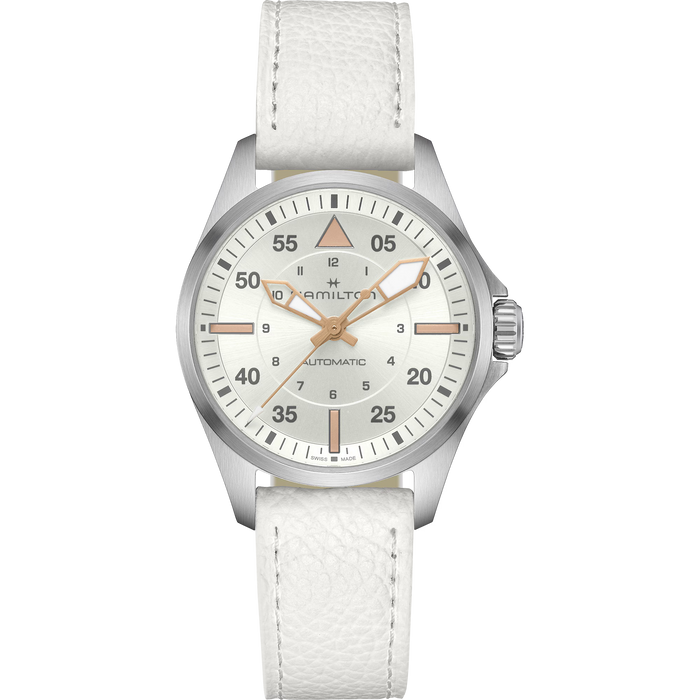 Hamilton Automatic watch with a white textured leather strap, silver-tone stainless steel case, and a white dial featuring black Arabic numerals and rose gold hands.