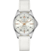 Hamilton Automatic watch with a white textured leather strap, silver-tone stainless steel case, and a white dial featuring black Arabic numerals and rose gold hands.